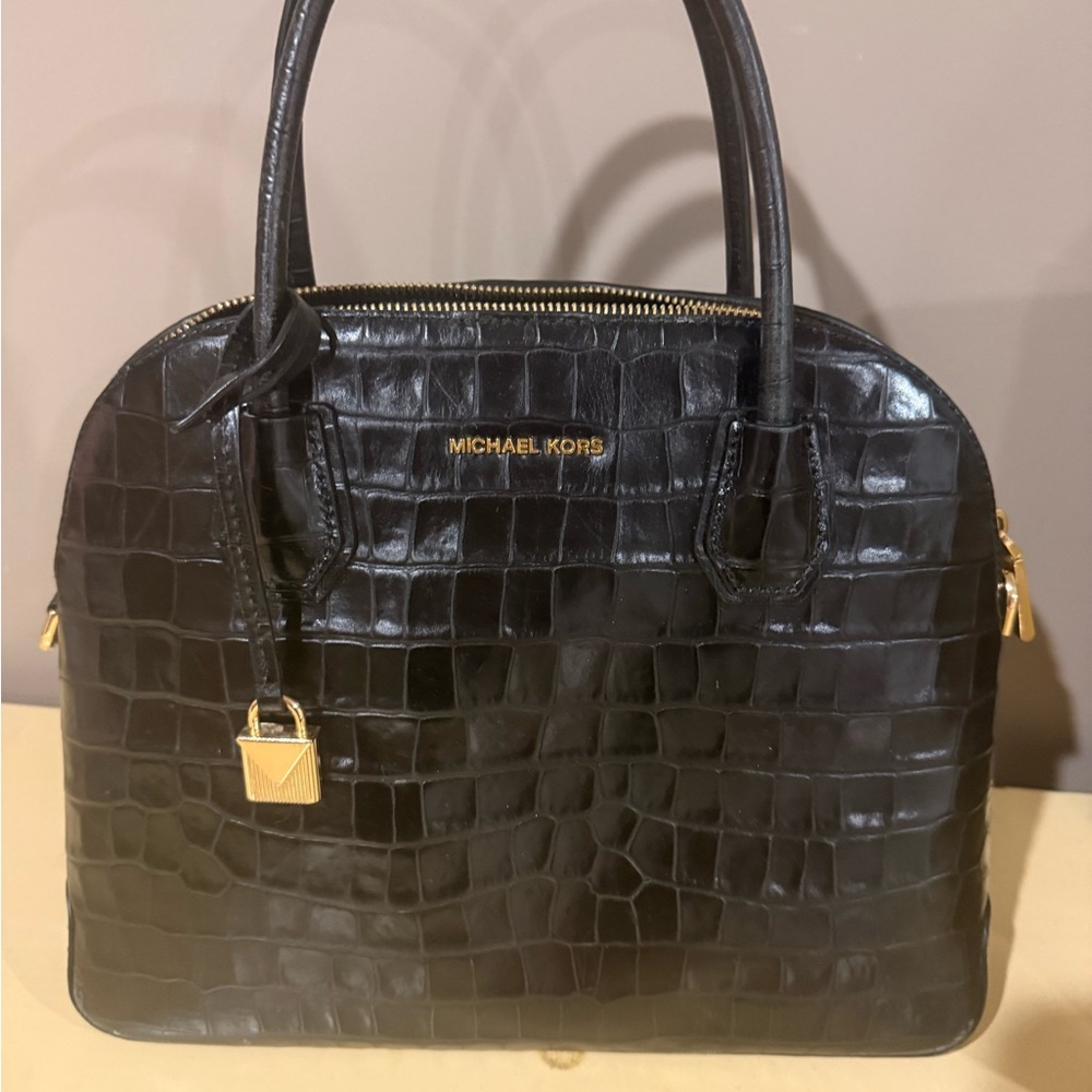 Michael Kors Black Croc-Patterned Satchel